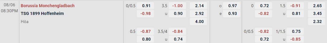 Soi kèo tài xỉu cả trận Monchengladbach vs Hoffenheim