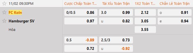 Soi kèo tài xỉu cả trận FC Koln vs Hamburger SV